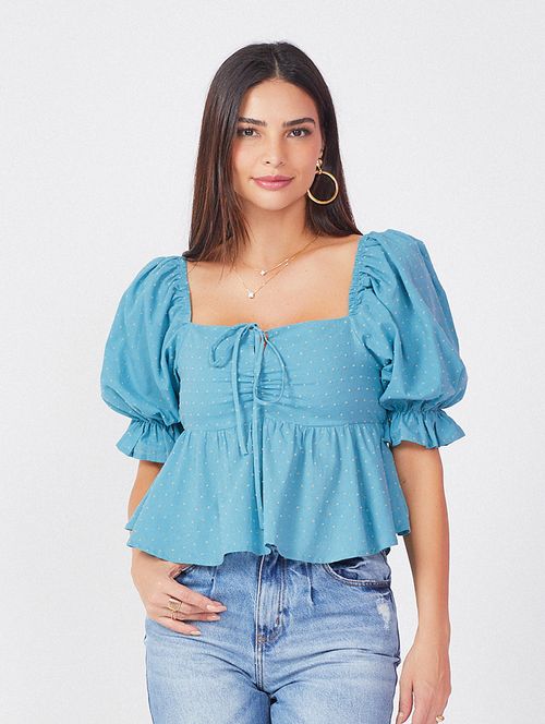 Blusa Decote Poa Cotton - Acqua Blue