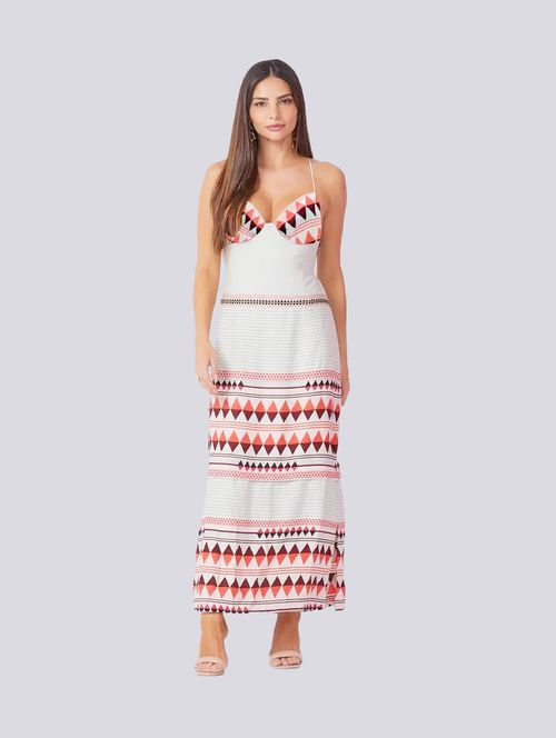 Vestido Pregas Jacquard Étnico Exclusivo