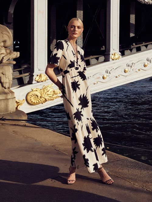 Vestido Franzido Print Palm P/B