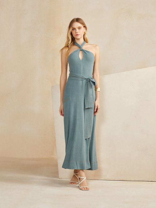 Vestido Gola Linho Pespontos - Petróleo