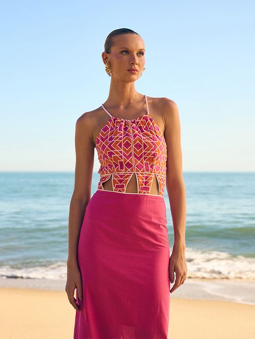 Vestido Algodão Bordado - Fúcsia