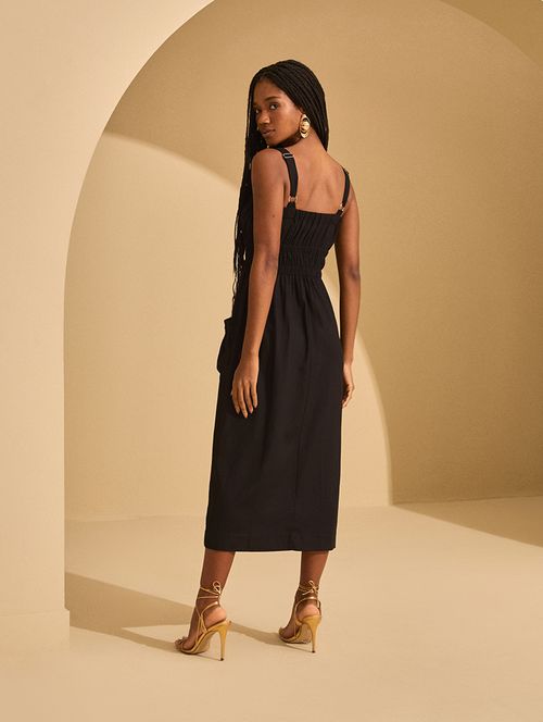 Vestido Linho Bolsos - Preto