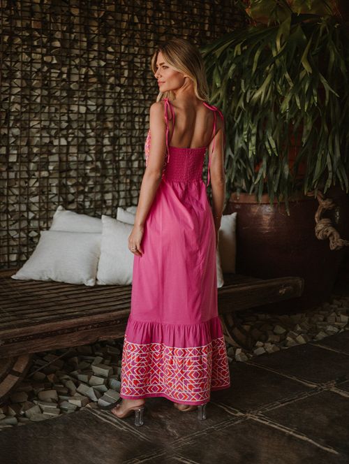 Vestido Midi Algodão Bordado - Fúcsia