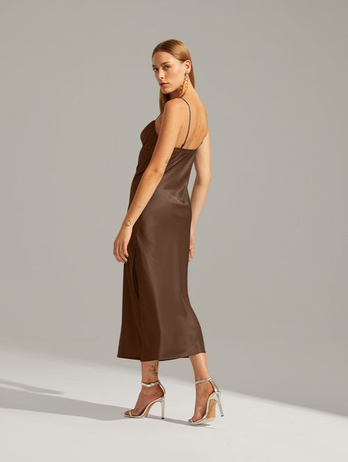 Slip Dress Busto Franzido - Marrom