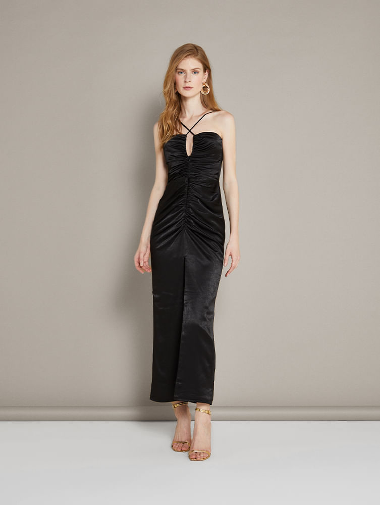 heve♡Satin Dress Tuck SK　black Vestido Cetim Luxo - Preto