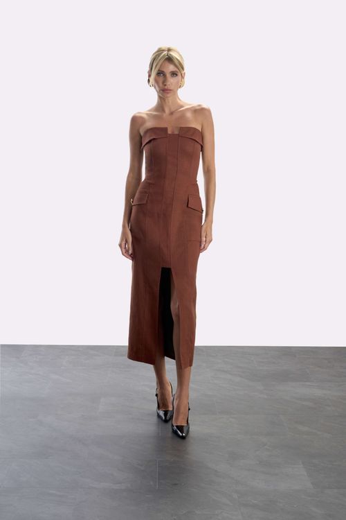 Vestido Alfaiataria Bolsos - Marrom