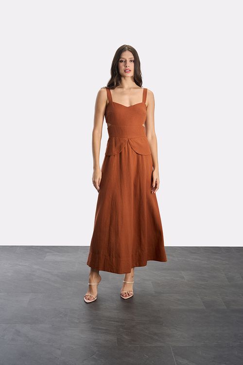 Vestido Midi Linho - Marrom
