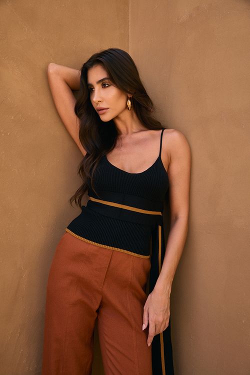 Blusa Tricot Com Faixa - Preto/Caqui