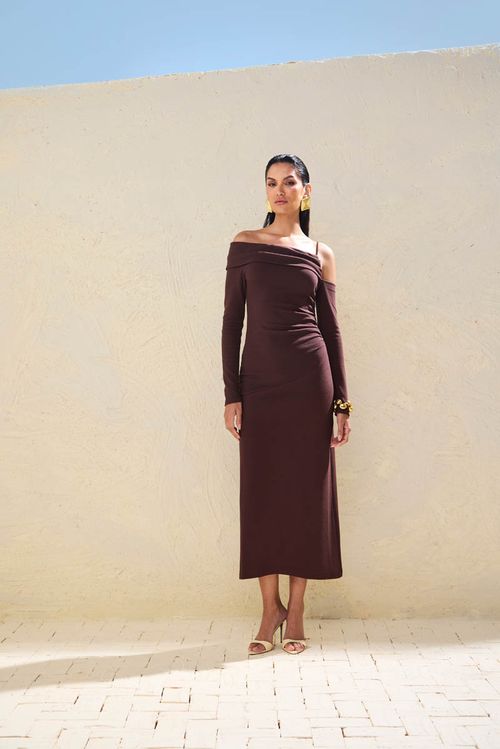 Vestido Ombro a Ombro Glam - Marrom