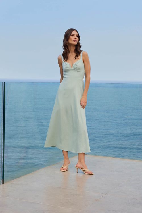 Vestido Linho Decote - Azul Brisa