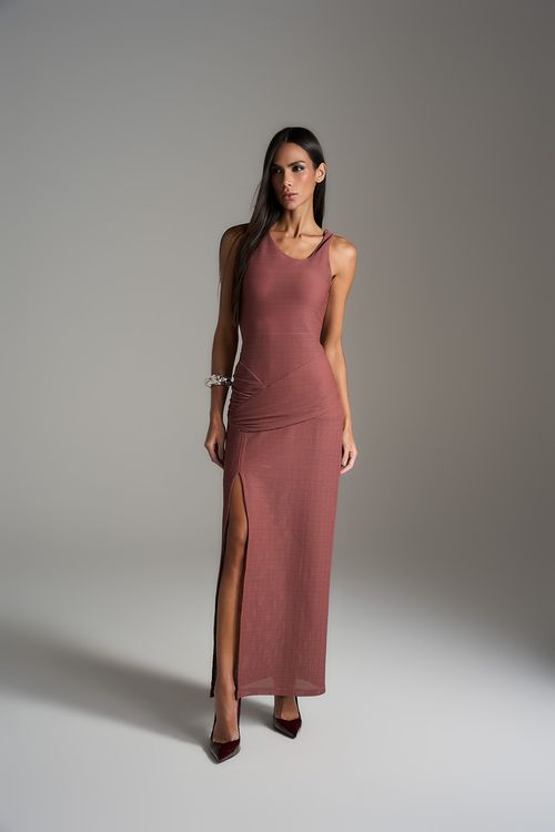 Vestido Longo Fenda - Cognac