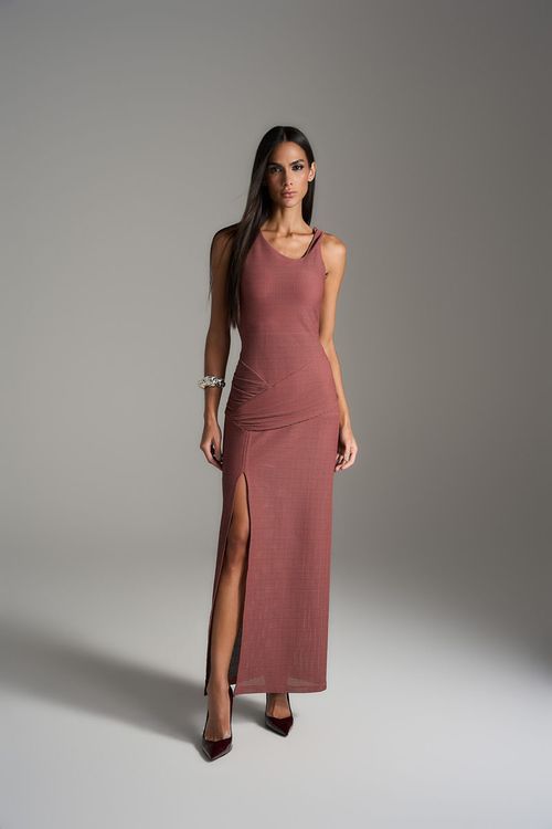 Vestido Longo Fenda - Cognac