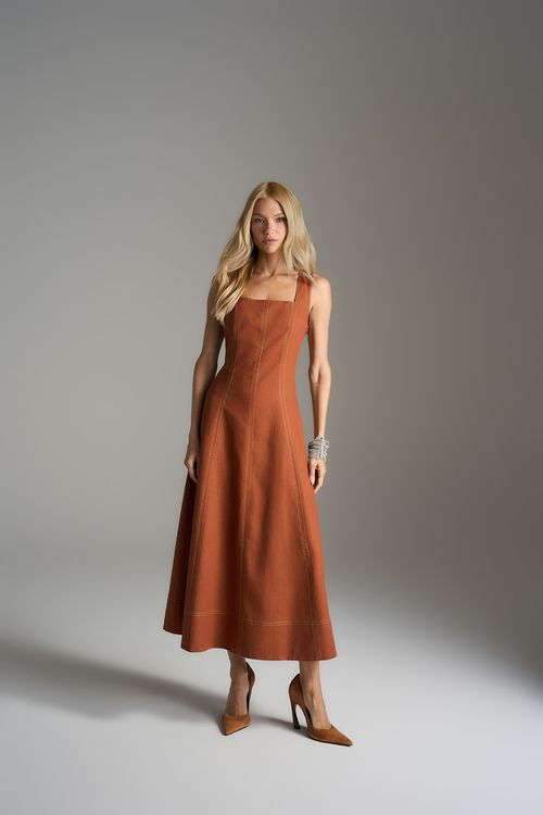 Vestido Pespontos Linho - Cerâmica