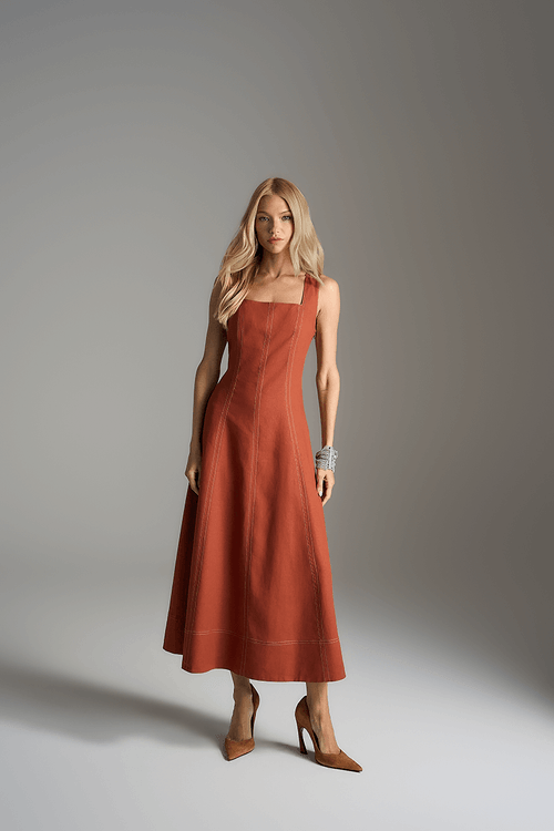 Vestido Pespontos Linho - Cognac