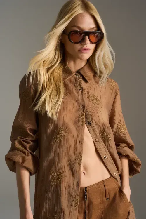 Camisa Voil Bordado -  Caqui