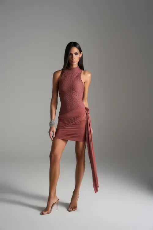 Vestido Textura Cuzco Mini - Cognac