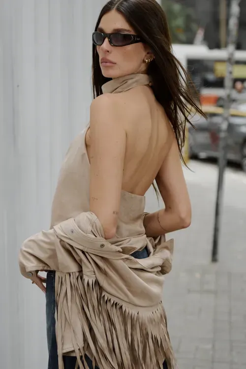 Blusa Suede Frente Única - Bege