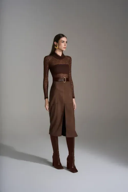 Saia Midi Suede - Cacau