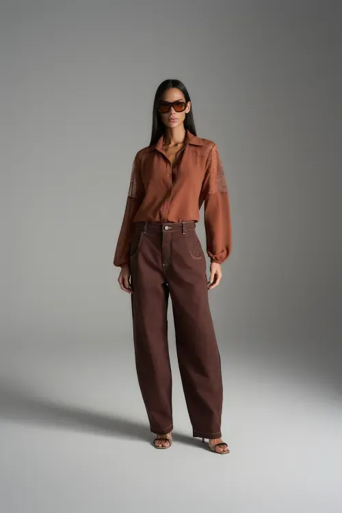 Camisa Manga Renda - Cognac