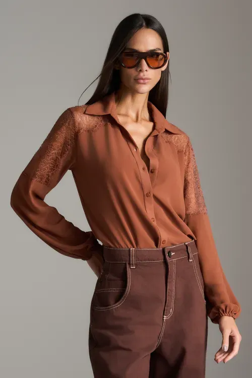 Camisa Manga Renda - Cognac