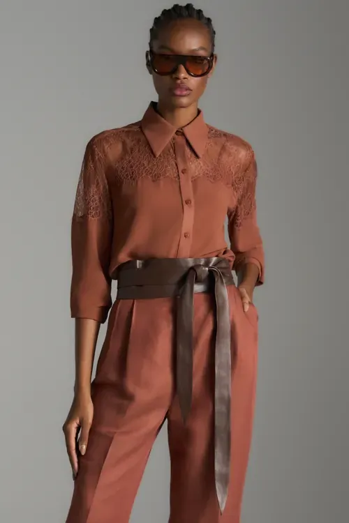 Camisa Chiffon e Renda - Cognac