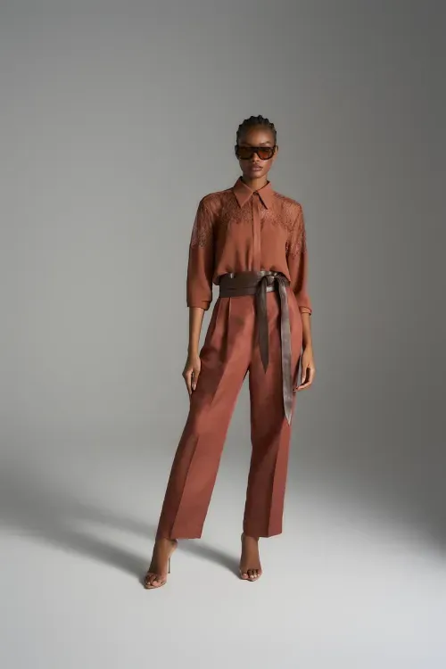 Camisa Chiffon e Renda - Cognac