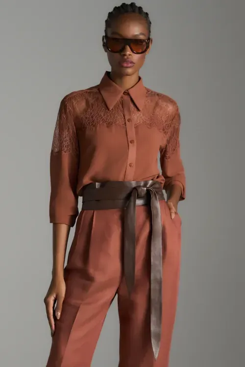 Camisa Chiffon e Renda - Cognac