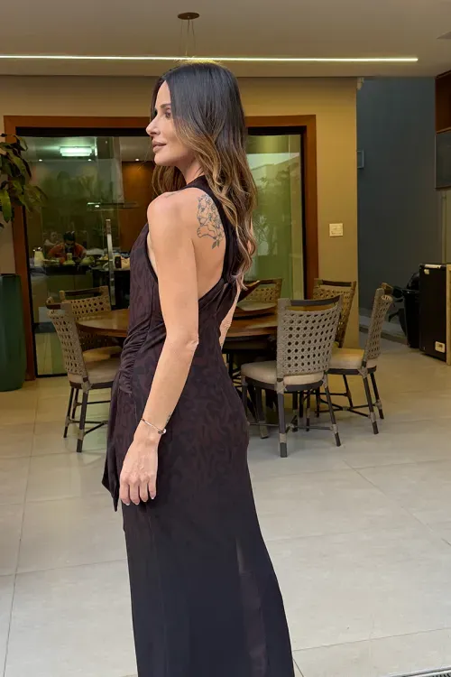 Vestido Tule Animal Faixa - Marrom/Preto