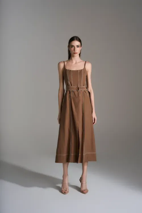 Vestido Pespontos - Caqui