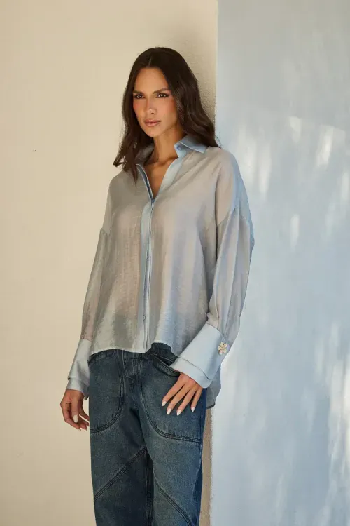 Camisa Botão Flower - Ice Blue