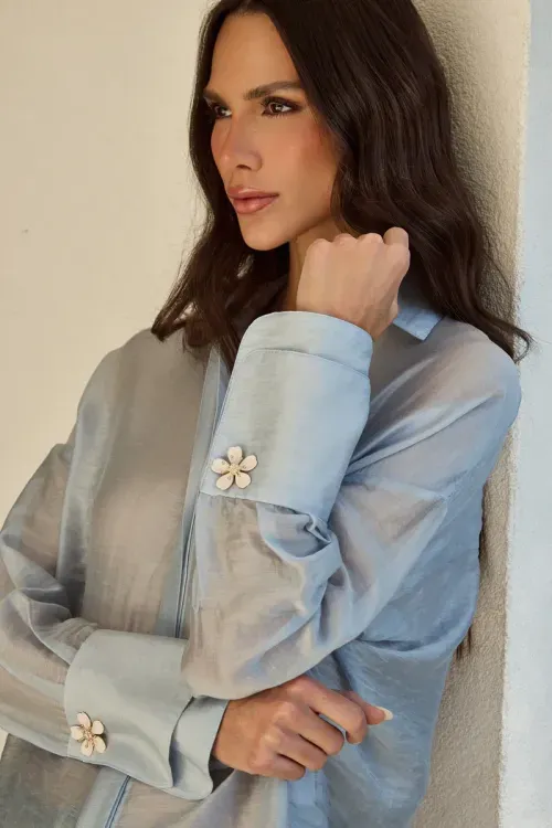 Camisa Botão Flower - Ice Blue