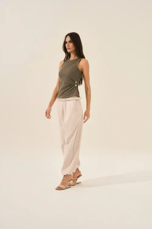 Calça Com Cinto - Natural