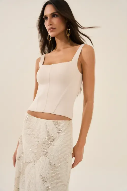 Blusa Tricot Decote Reto - Bege