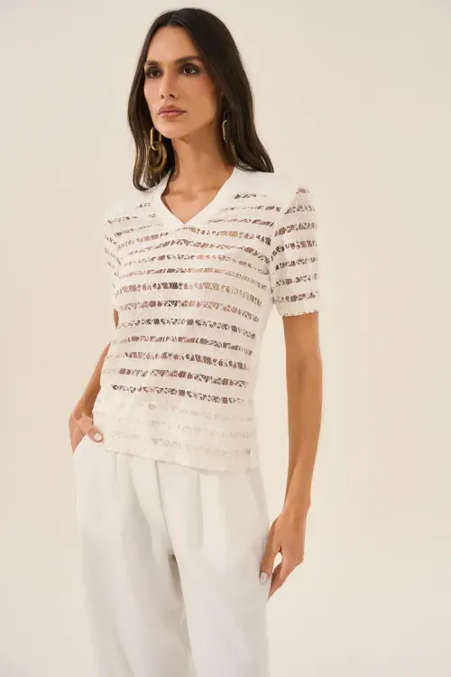 Blusa Renda E Malha - Off White
