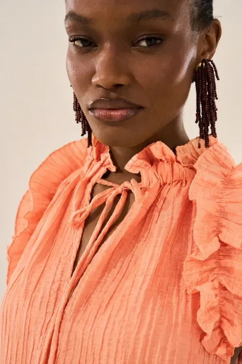 Blusa Plisse Babado - Coral Flame