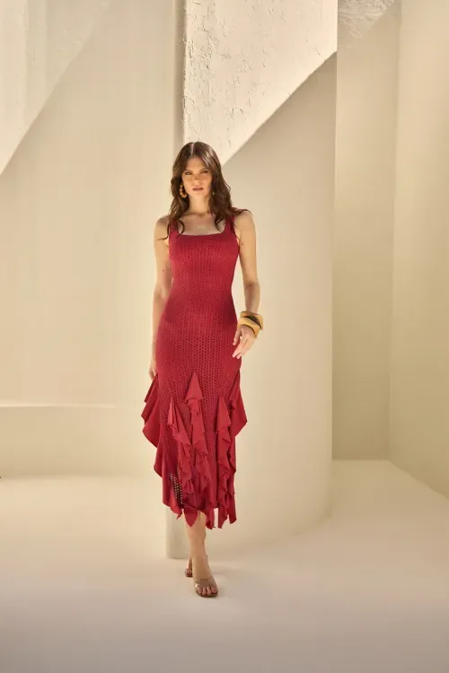 Vestido Textura Babados – Carmim