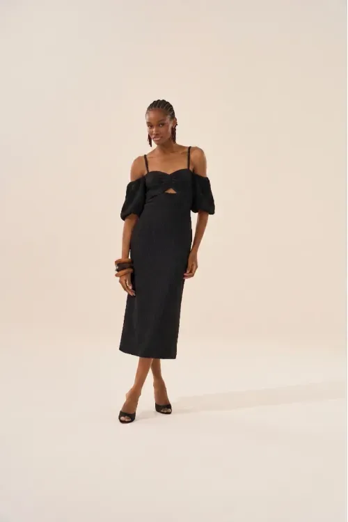Vestido Midi Texturizado  – Preto