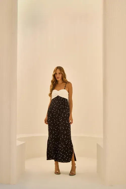 Vestido Poá Detalhe Alça – Off White / Preto