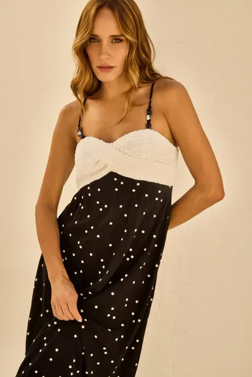 Vestido Poá Detalhe Alça – Off White / Preto