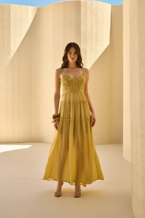 Vestido Bordado Richelieu – Amarelo