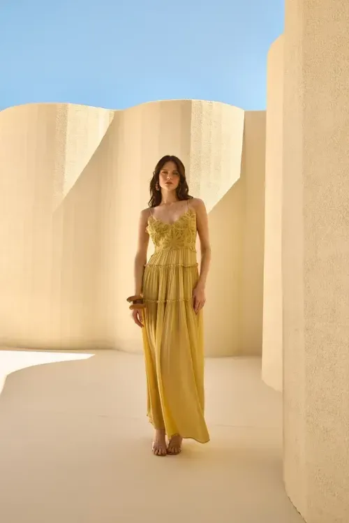 Vestido Bordado Richelieu – Amarelo