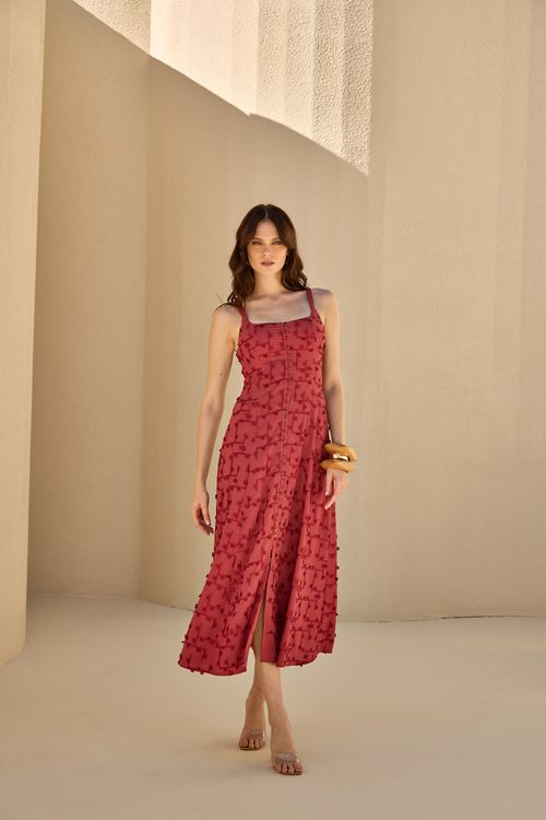 Vestido Linho Graphic Bordado - Carmim