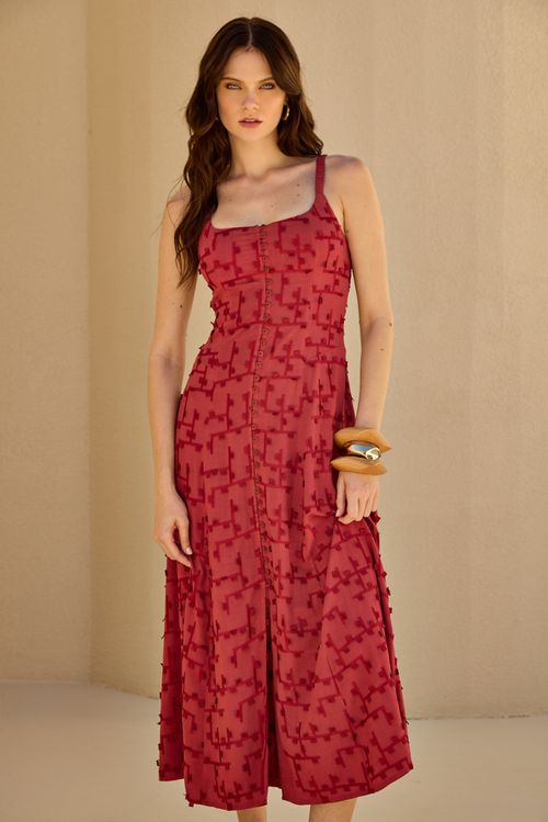 Vestido Linho Graphic Bordado - Carmim